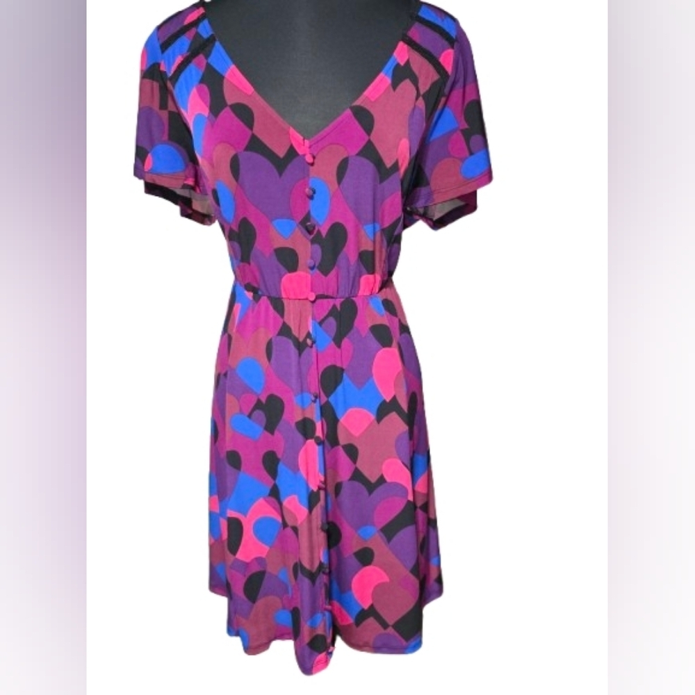 Multi Heart Flutter Mini Dress | Studio Knit V-Neck Button Front Size 2 - Picture 5 of 5